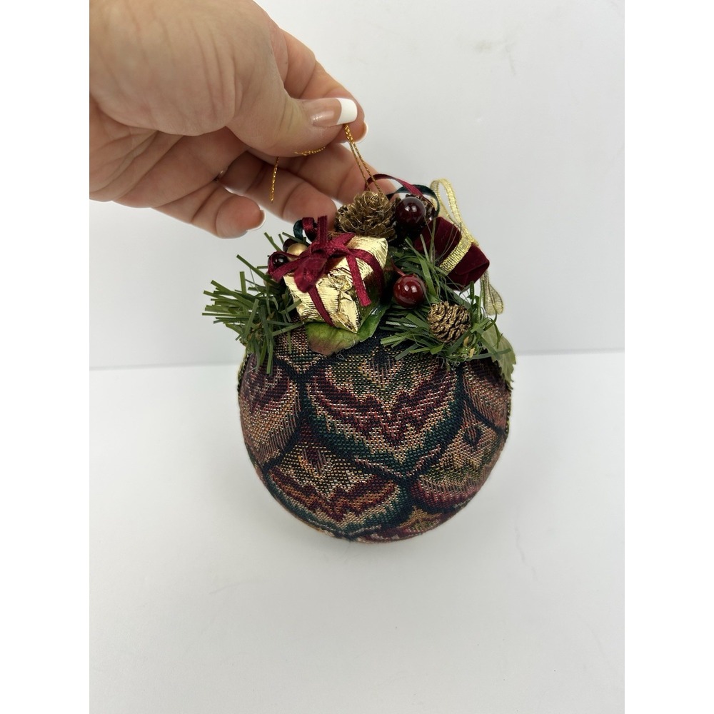 VTG Handmade Victorian Christmas Tapestry Ornament  Pinecones Berries Gold Trim